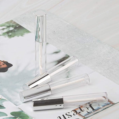 GTHER 10PCS 10ML Empty Lip Gloss Containers Tube with Wand, Refillable Lip Balm Bottles, Lipstick Sample Container and Funnel and Rubber Stoppers for Girls DIY Lip Samples, Silver Top