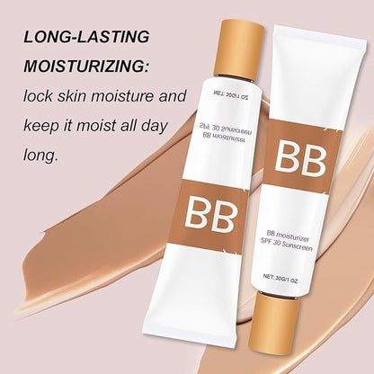 BB Blur Tinted Moisturizer, BB Moisturizer Spf 30, BB Tinted Primer with Brush, Full Coverage Light-Medium Skin Color Hydrating & Smoothing (Ivory)