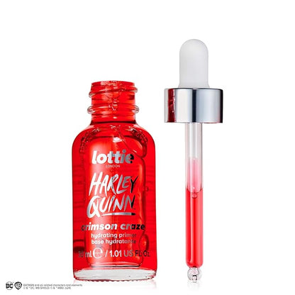 x Harley Quinn Crimson Craze Primer, Hydrating crimson serum-primer that grips makeup for long-wear for a dewy glow finish