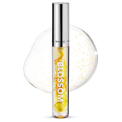 Blossom Lip Gloss & Lip Oil with Olive Oil + Grape Seed Oil, Moisturizing and Hydrating Shimmer Sparkle, Infused with Real Flowers, 3g, Mango