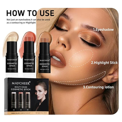LAMUSELAND Cream Contour Stick Makeup Set, 3 Shades Face Blush Bronzer Contour Pen, Waterproof Long-lasting Matte Highlighter Stick for Fair Dark Skin (B, 3)