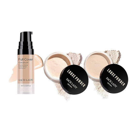 SACE LADY Face Make-Up Set Liquid Concealer and Matte Oil Control Loose Powder, Waterproof Long Lasting Poreless Makeup Base
