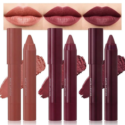 3 Colors Matt Nude Lipstick Lipliner Lip Crayons Pack Set,Velvet Moisture Smooth Matte Lipstick Pencils,Waterproof&Waterlasting,#05#11#12