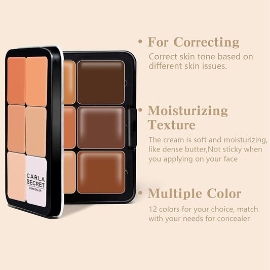 12 Colors Cream Concealer Foundation Palette, Long-Wearing Smudge Proof Blendable Full Coverage Cream Contour Blush Highlighter Color Correcting Concealer Foundation Palette Makeup