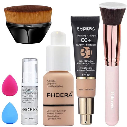 PHOERA CC+ Cream Color Correcting Anti Aging Hydrating Serum & SPF 25+, PHOERA Primer, Kabuki Makeup Brushes Foundation Brush Powder (103 Warm Peach+120 Nude)