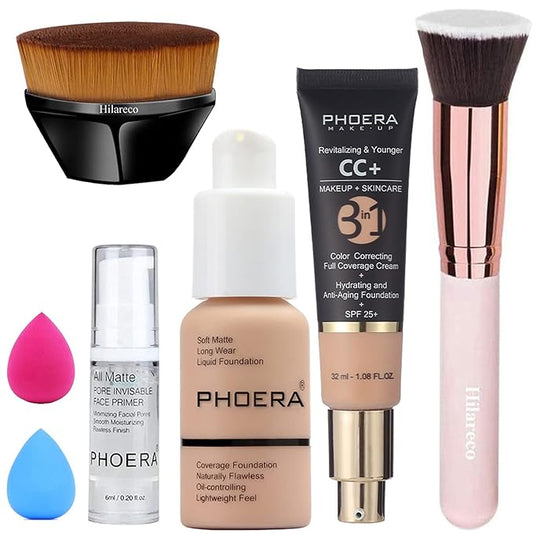 PHOERA CC+ Cream Color Correcting Anti Aging Hydrating Serum & SPF 25+, PHOERA Primer, Kabuki Makeup Brushes Foundation Brush Powder (103 Warm Peach+120 Nude)