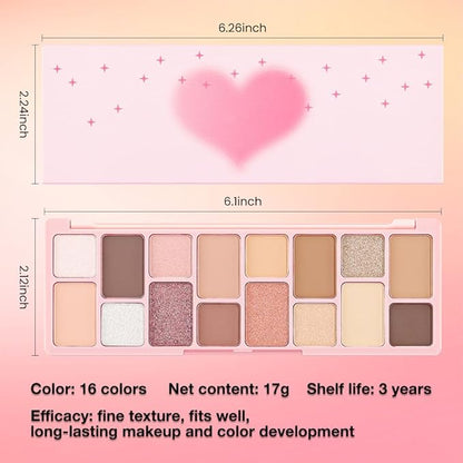 16 Color Pink Champange Brown Gold Colorful Matte Glitter Shimmer Eyeshadow Palette with Mirror for Eye Makeup,Highly Pigmented Korean Natural Rainbow Eye Shadow palette,Blendable-06