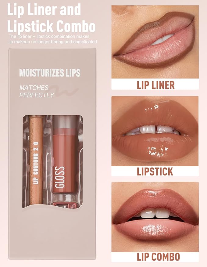 2 Pcs Lipstick and Lip Liner Set Hydrating Lip Tint Non-Sticky Lightweight Lip Balm Plumping Lip Kit for Women Matte Lip Pencil Long Lasting Gradient Glossy Lip Combo with Sharpener, 05