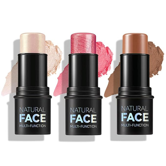 3 Pcs Cream Blush Contour Highlighter Stick,Highlighting & Contouring Stick,Bronzer Contour Stick for Sculpt the Cheeks,Lightweight Dewy Blush Stick,Waterproof and Long-Lasting (01,03,04)