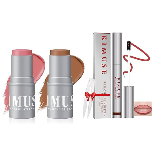 KIMUSE Cream Contour Stick Duo + Lip Stain Peel Off Makeup Sticks High Pigmented, Long Lasting, Vegan Face Make Up Sticks