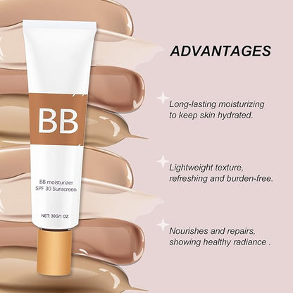 BB Blur Tinted Moisturizer, BB Moisturizer Spf 30, BB Tinted Primer with Brush, Full Coverage Light-Medium Skin Color Hydrating & Smoothing (Ivory)