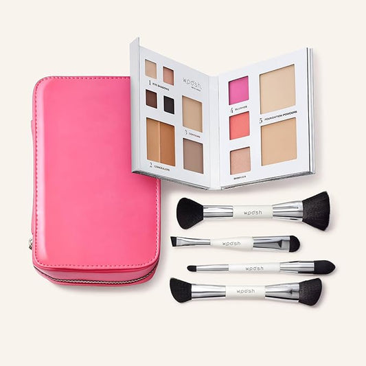 Woosh Beauty, Jetsetter Bundle, Fold out Face Original, Essential Brush Set, Travel Case in Hot Pink, Shade #2.5 Medium Tan
