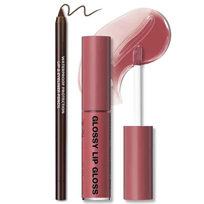 Nourishing Lip Gloss Moisturizing High Shine Fresh Lightweight Glossy Plumping Lip Combo or Women Long Wear Lip Glow Oil with Brown Lip Liner Set Non-Sticky Liquid Lipstick Makeup#12