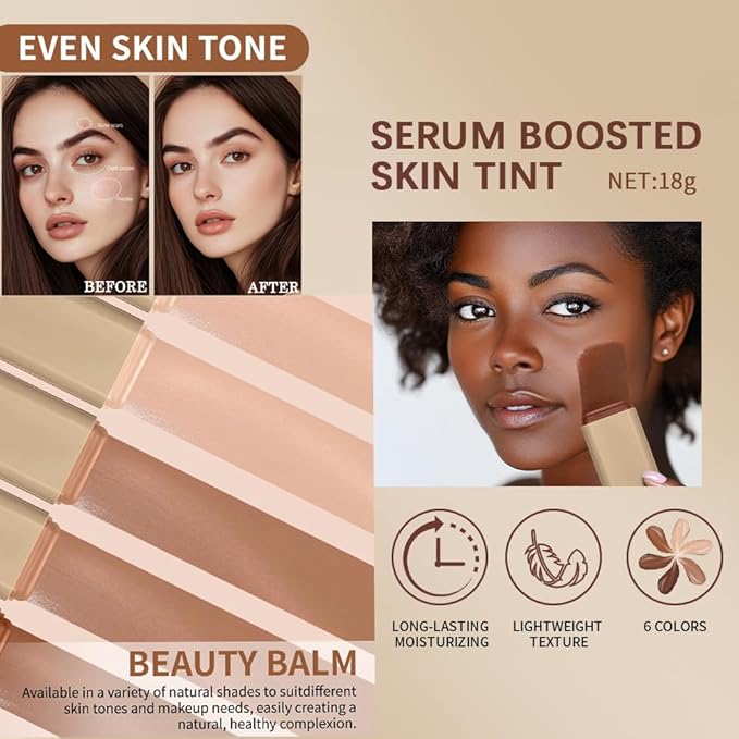 Skin Tint Foundation Stick Beauty Balm Serum Boosted, Solid Tinted Moisturizing Contour Stick Foundation Primer for Women Face Makeup, Natural Finish Makeup Even Skin Tone (#5)