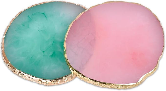 2 pcs Nail Polish palettes Resin Nail Art Palette Golden Edge Gel Nail Polish Holder Nail Tray,Makeup Display Board Cosmetic Mixing Tools (Pink and Green)