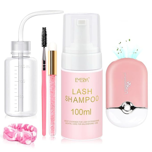 EMEDA Lash Shampoo for Lash Extensions Lash Cleaning Kit with Lash Fan Dryer, Brush, Wash Bottle, Hair Band, Oil Free Foam Soap Cleaner Lash Bath Kit, Lash Wash Eyelash Extension Cleanser