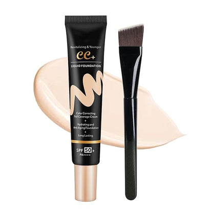 CC Cream with SPF 50+ with Brush, Waterproof Flawless Concealer Full Coverage BB Cream for All Skin Types, Lightweight Powder Foundation Full Coverage, Pre-makeup Primer Refine Skin Texture (Ivory)