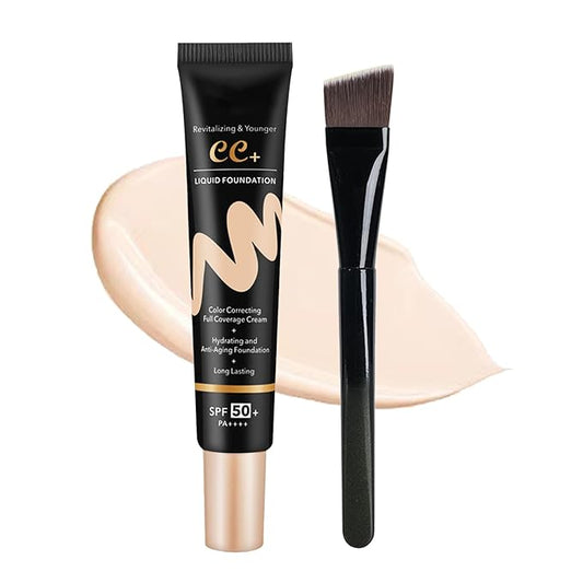 CC Cream with SPF 50+ with Brush, Waterproof Flawless Concealer Full Coverage BB Cream for All Skin Types, Lightweight Powder Foundation Full Coverage, Pre-makeup Primer Refine Skin Texture (Ivory)