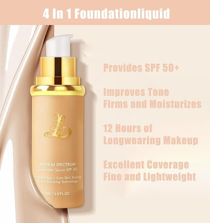 Color Changing Foundation, Foundation 4 in 1 - Medium Spectrum,Protecting From Sun With SPF 50+, Concealer Cover Cream Longwearing & Waterproof for Sport, Dancing