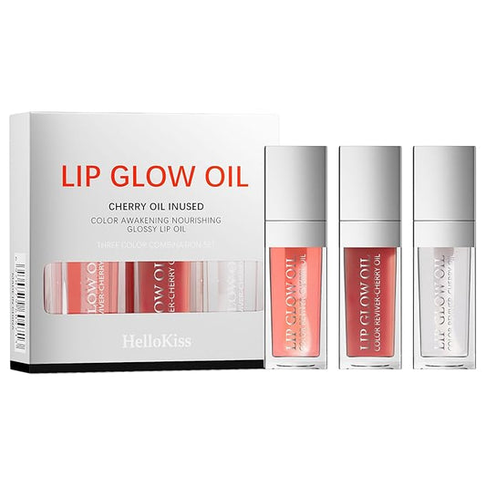 3Pcs Hydrating Lip Glow Oil - Moisturizing Tinted Lip Gloss Plumping Nourishing Shiny Long-Lasting Lip Stain with Cherry Seed Oil 0.27 fl.oz (Set B)