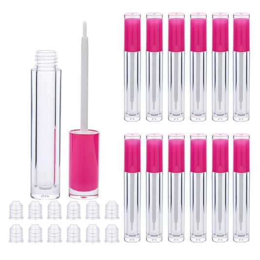 Lip Gloss Brush Wand Tubes Empty, 12 Pack 5ml Lip Gloss Containers with Wand, 12 Pink Lip Gloss Tubes with Rubber Stoppers for DIY Lip Gloss Balm (Pink)