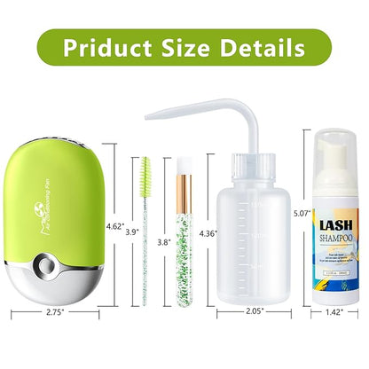 Buqikma Lash Shampoo 60ml - Lash Cleaning Kit Gentle Foam Eyelash Extension Cleanser USB Mini Lash Fan Rinse Bottle Mascara Brush Cleaning Brush Salon Lash Wash at Home Gift for Women Girls (Green)