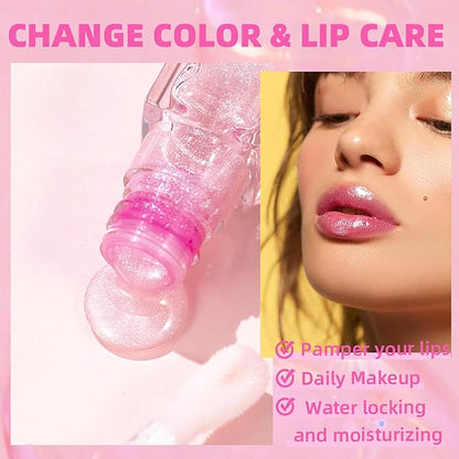 Magic Color Changing Lip Oil Ph, Glitter Lip Gloss, Upgraded Big Brush Head Moisturizing Lip Oil Long Lasting Nourishing Lip Glow Oil Non-Sticky Primer Lip Tint (Pink)