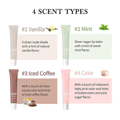 4 Flavors Summer Special Butter Lip Balm Lip Tint Hydrating Lip Gloss, High Shine Nude Color Nourishing Lip Care Finish Lip Glow Oil (4 Color, 0.5 Oz)