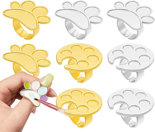 8 Pack Mini Nail Paint Art Palette Finger Rings Metal Manicure Palette Tools Makeup Palettes Makeup Mixing Palette Ring Wearable Metal Nail Art Polish Holder Nail Art Tools