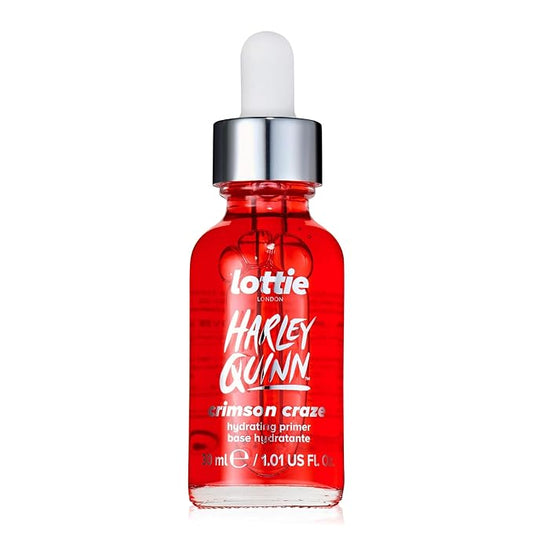 x Harley Quinn Crimson Craze Primer, Hydrating crimson serum-primer that grips makeup for long-wear for a dewy glow finish