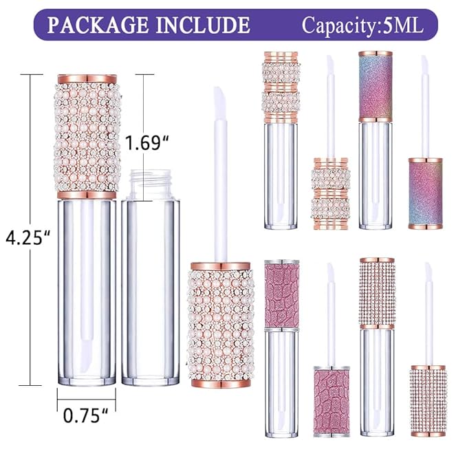AMORIX 50 Pack Diamond Lip Gloss Tubes with Wand 5ml Empty Rhinestone Lip Gloss Containers Lipgloss Bottles Crystal Lip Gloss Supplies Kit + 3pcs Syringes + Labels for DIY Base