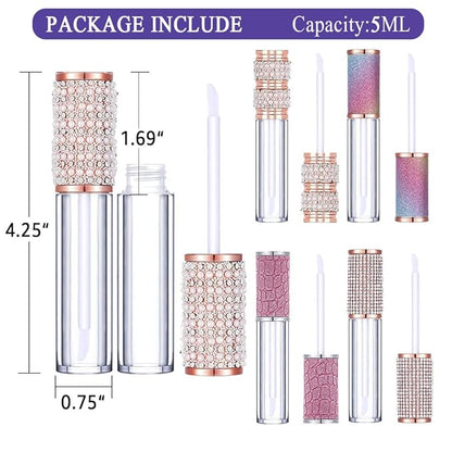 AMORIX 50 Pack Diamond Lip Gloss Tubes with Wand 5ml Empty Rhinestone Lip Gloss Containers Lipgloss Bottles Crystal Lip Gloss Supplies Kit + 3pcs Syringes + Labels for DIY Base