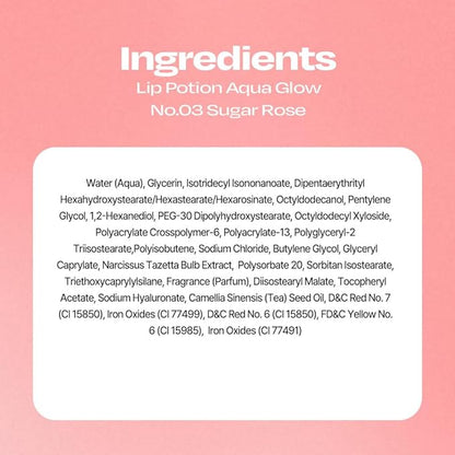 Lip Potion Aqua Glow No.3 Sugar Rose | Hydrating, Non-Sticky Gloss with Sheer Radiance | 0.3 Oz