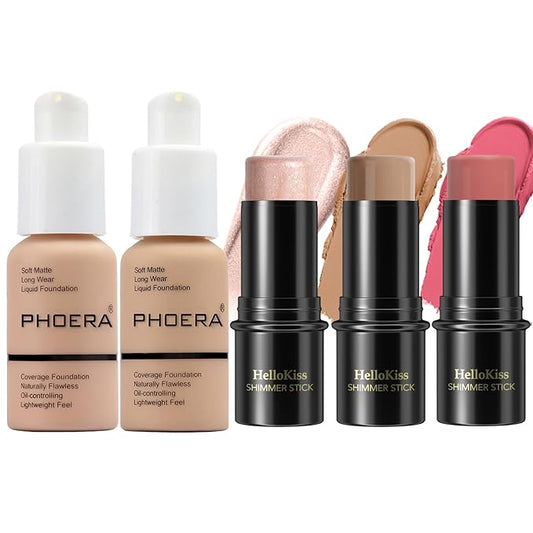 Hilareco PHOERA Foundation,3 PCS Contour Stick Makeup Kit,Shades with Highlighter Stick,Blush Stick and Bronzer Contour (103+104+Light-Medium Contour/Warm peach+Buff Beige+#02,#10,#12)