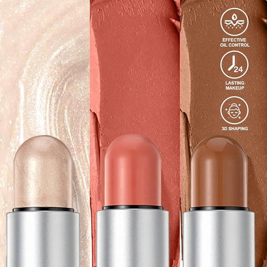 3-Pack Face Stick Set - Contour, Highlighter, and Blush Sticks, Creamy Texture, Beginner-Friendly, Natural Finish - for Cheeks and Lips