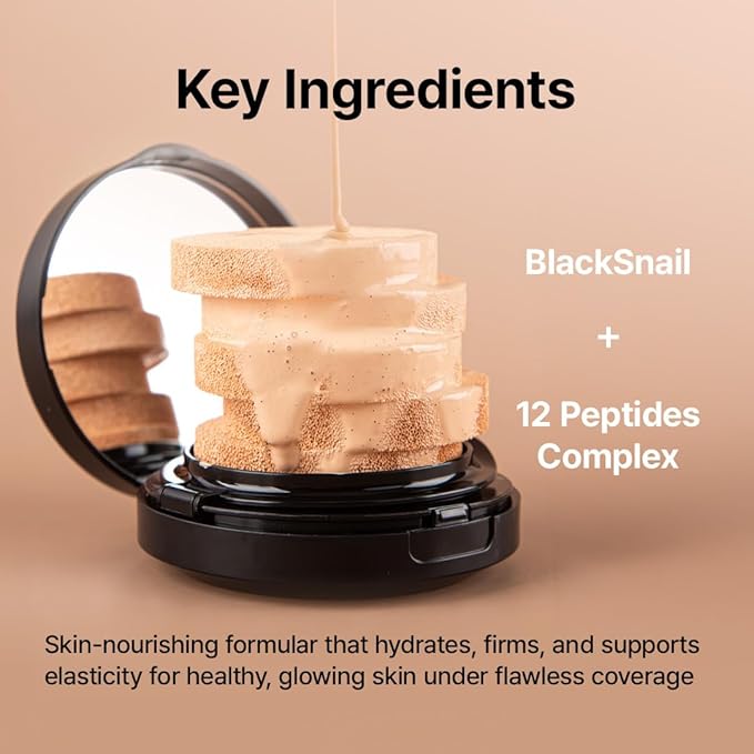 Farmstay Black Snail & Peptide 9 Perfect Cushion Foundation | Full Coverage, Lightweight, Skin-Fit, Smooth Radiant Finish, Korean Cushion Foundation (#21 Light Beige, 0.53 Fl Oz)