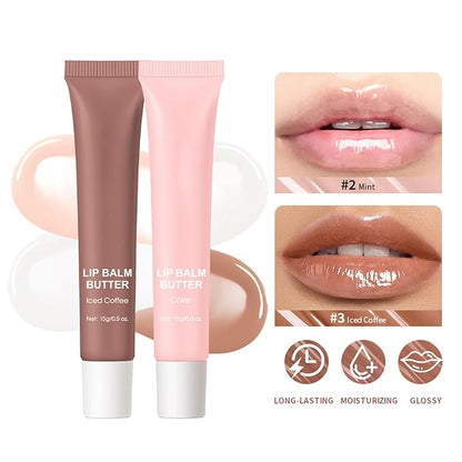 4 Flavors Butter Lip Balm Lip Tint Hydrating Lip Gloss, High Shine Nude Color Hydrating Finish Lip Glow Oi (03# Iced Coffee, 0.5oz)