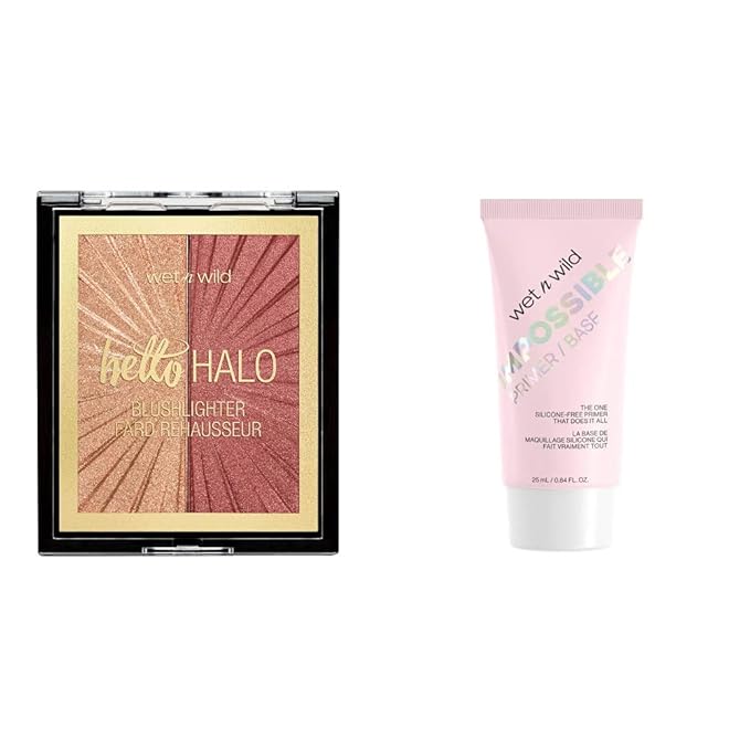wet n wild Mega Glo Blushlighter Blush and Highlighter Duo, Flash Me + Wet n Wild Prime Focus Impossible Primer Hydrating Matte Finish, Clear, 0.84 Fl Oz