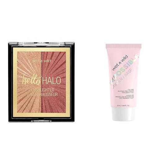 wet n wild Mega Glo Blushlighter Blush and Highlighter Duo, Flash Me + Wet n Wild Prime Focus Impossible Primer Hydrating Matte Finish, Clear, 0.84 Fl Oz