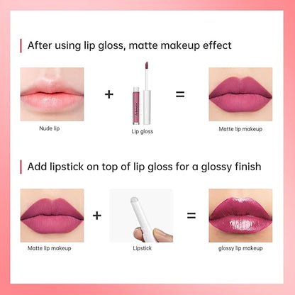 Long Lasting Moisturizing Lip Gloss Set,High Pigmented Lip Stain Hydrating Liquid Lipstick Lip Balm,Waterproof Smooth Shiny Matte Glossy Finish Lip Makeup Kits(#6-Classic Rosy, Pack of 2)