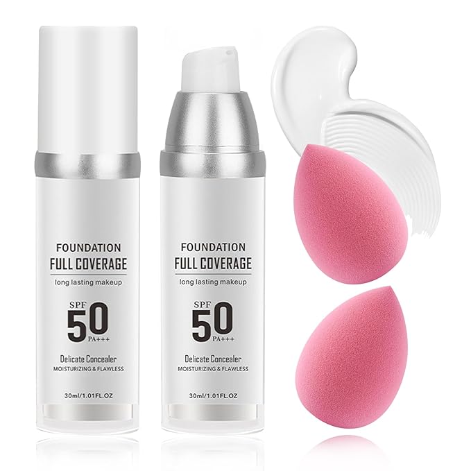 2PCS Color Changing Liquid Foundation,Full Coverage Foundation Set for Face Primer Base Makeup,Oil Control Lightweight Cream Concealer,Long-Lasting BB Cream Concealer with Makeup Sponge