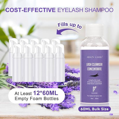 Eyelash Cleanser Concentrate 60ml Professional Lash Extensions Shampoo Natural Foaming Cleanser for Extensions Lashes with Salon Home Care-Makes 12 Bottles 60ml Eyelash Shampoo (lavender)