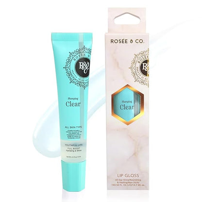 ROSÉE & CO Rosee Lip Gloss Vegan & Cruelty Free Treatment, Professional Make up, Long Lasting Glossy with Shea Butter, Moisturize, Protect & Smooth, High Shine, Non-Sticky (b. Clear Plumping, 0.5)