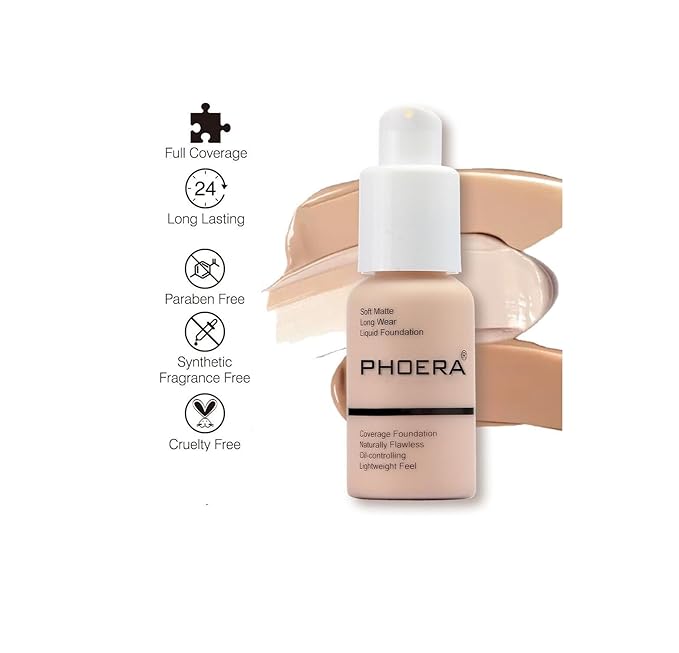 Phoera® Full Coverage Foundation Soft Matte Oil Control Concealer 30ml Flawless Cream Smooth Long Lasting (104 BUFF BEIGE)