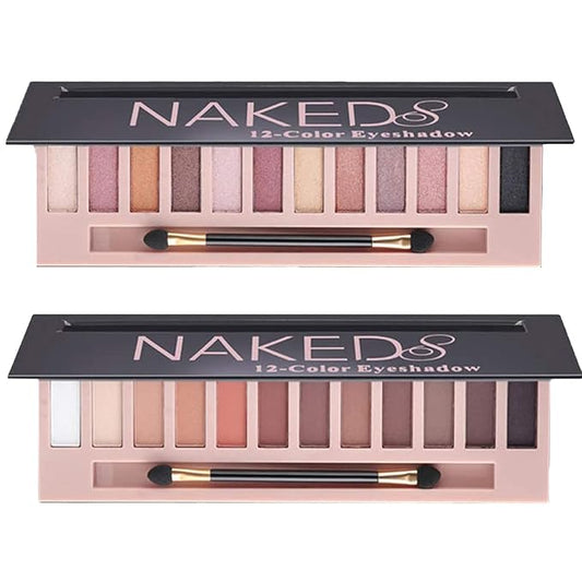 2 Pcs 12 Colors Eye Shadow Palette,Nude Matte Smokey Shimmer Glitter Eyeshadow Palette,Blendable Rich Colors,Waterproof Beauty Makeup Palette Kit with Double-Ended Makeup Brush(A+B)