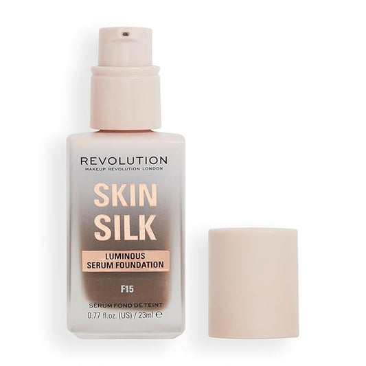 Revolution, Skin Silk Serum Foundation, Light to Medium Coverage, Lightweight & Radiant Finish, Contains Hyaluronic Acid, F15 Deep Skin Tones, 0.77 fl oz