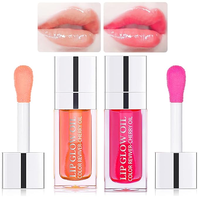 2 Set Lip Oil Hydrating Tinted Lip Balm, Plump Lip Gloss Lip Care Transparent Toot Lip Oil Tinted, Nourishing Repairing Lightening Lip Lines Lip Care Products (Pink/Cherry)