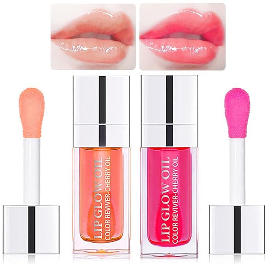 2 Set Lip Oil Hydrating Tinted Lip Balm, Plump Lip Gloss Lip Care Transparent Toot Lip Oil Tinted, Nourishing Repairing Lightening Lip Lines Lip Care Products (Pink/Cherry)