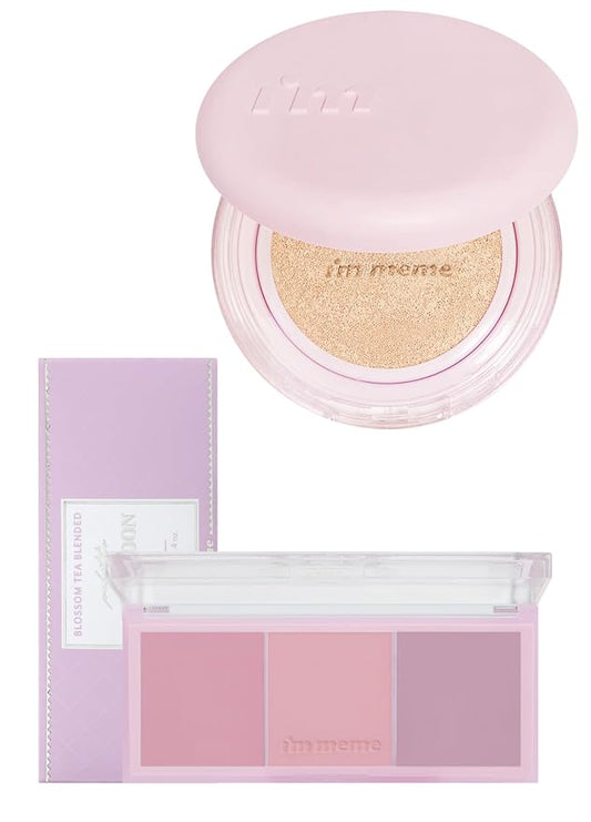 I'M MEME Wonder Velvet Cushion Foundation 02 Beige + Palette - Afternoon Tea Blusher Blossom Tea Blended, 0.4oz Bundle