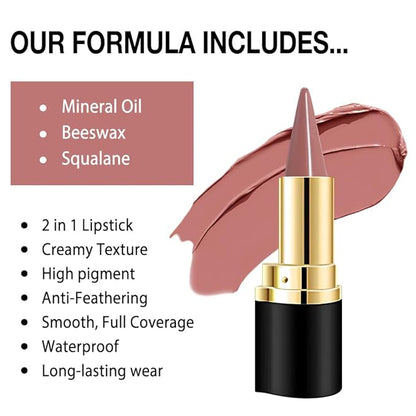 Kaely Nude Pink Gradient Matte Lipstick Lip Liner Pencil for Women, 2in1 Flawless Contour Gradual Ombre Effect Lip Pencil Makeup Waterproof, labiales mate 24 horas originales, 17